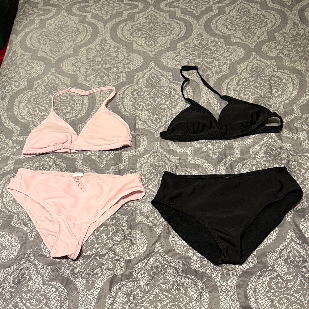 Pink & Black Bikini Set - Triangle Tops and Classic Bottoms